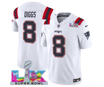 Men's New England Patriots #8 Stefon Diggs White 2025 F.U.S.E. Super Bowl LX Patch Vapor Limited Football Stitched Jersey