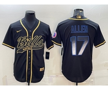 Men's Buffalo Bills #17 Josh Allen Black Gold Vapor Smoke With Patch Cool Base Stitched Baseball Jersey