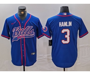 Men's Buffalo Bills #3 Damar Hamlin Blue With Patch Cool Base Stitched Baseball Jersey