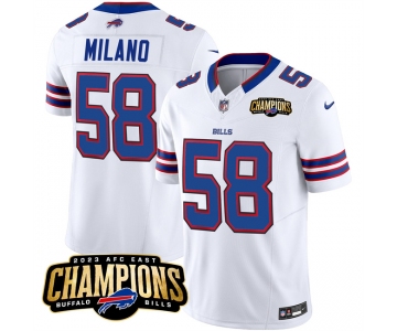 Men's Buffalo Bills #58 Matt Milano White 2023 F.U.S.E. AFC East Champions Ptach Football Stitched Jersey