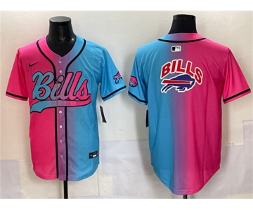 Men's Buffalo Bills Team Big Logo Pink Blue Limited Stitched Baseball Jersey