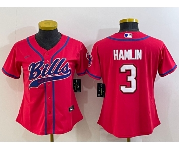 Women's Buffalo Bills #3 Damar Hamlin Red With Patch Cool Base Stitched Baseball Jersey