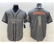 Men's Miami Dolphins #1 Tua Tagovailoa Grey Gridiron With Patch Cool Base Stitched Baseball Jersey