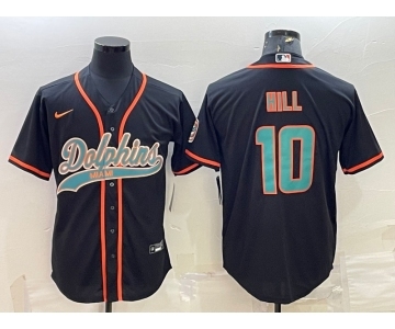 Men's Miami Dolphins #10 Tyreek Hill Black With Patch Cool Base Stitched Baseball Jersey