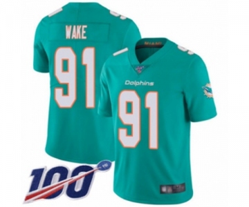 Men's Miami Dolphins #91 Cameron Wake Aqua Green Team Color Vapor Untouchable Limited Player 100th Season Football Jersey