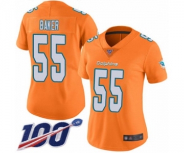 Women's Miami Dolphins #55 Jerome Baker Limited Orange Rush Vapor Untouchable 100th Season Football Jersey