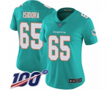Women's Miami Dolphins #65 Danny Isidora Aqua Green Team Color Vapor Untouchable Limited Player 100th Season Football Jersey