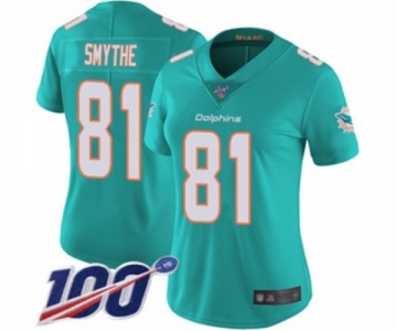 Women's Miami Dolphins #81 Durham Smythe Aqua Green Team Color Vapor Untouchable Limited Player 100th Season Football Jersey