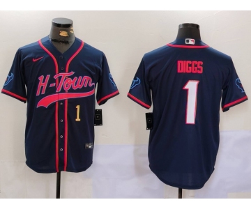Men's Houston Texans #1 Stefon Diggs Navy With Patch Cool Base Stitched Baseball Jerseys