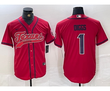 Men's Houston Texans #1 Stefon Diggs Red With Patch Cool Base Stitched Baseball Jersey