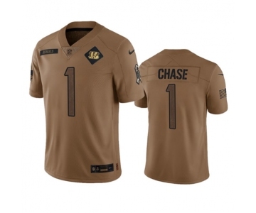 Men's Cincinnati Bengals #1 Ja'Marr Chase 2023 Brown Salute To Service Limited Football Stitched Jersey