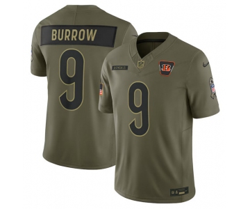 Men's Cincinnati Bengals #9 Joe Burrow Olive 2025 Salute to Service Limited Football Stitched Jersey