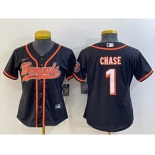 Women's Cincinnati Bengals #1 JaMarr Chase Black With Patch Cool Base Stitched Baseball Jersey