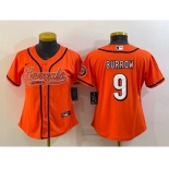 Women's Cincinnati Bengals #9 Joe Burrow Orange With Patch Cool Base Stitched Baseball Jersey