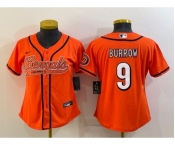 Women's Cincinnati Bengals #9 Joe Burrow Orange With Patch Cool Base Stitched Baseball Jersey