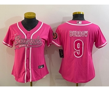 Women's Cincinnati Bengals #9 Joe Burrow Pink With Patch Cool Base Stitched Baseball Jersey