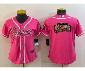 Women's Cincinnati Bengals Pink Team Big Logo With Patch Cool Base Stitched Baseball Jersey