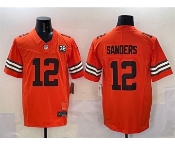 Men's Cleveland Browns #12 Shedeur Sanders Orange 2025 Draft F.U.S.E. With Jim Brown Memorial & Home Patch Vapor Limited Football Stitched Jersey