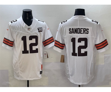 Men's Cleveland Browns #12 Shedeur Sanders White 2025 Draft F.U.S.E. With Jim Brown Memorial & Home Patch Vapor Limited Football Stitched Jersey