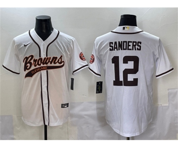 Men's Cleveland Browns #12 Shedeur Sanders White With Patch Cool Base Stitched Baseball Jersey