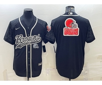 Men's Cleveland Browns Black Reflective Team Big Logo With Patch Cool Base Stitched Baseball Jersey