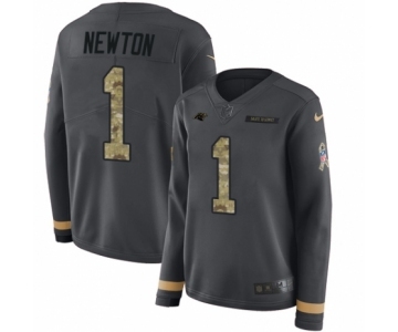 Women's Nike Carolina Panthers #1 Cam Newton Limited Black Salute to Service Therma Long Sleeve NFL Jersey