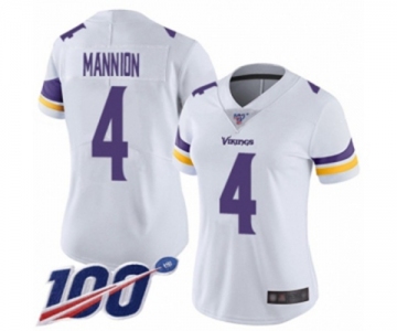 Women's Minnesota Vikings #4 Sean Mannion White Vapor Untouchable Limited Player 100th Season Football Jersey