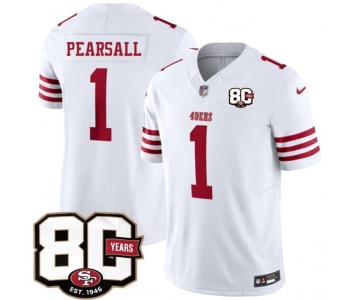 Men's San Francisco 49ers #1 Ricky Pearsall White 80th Anniversary Patch 2026 F.U.S.E. Vapor Untouchable Limited Football Stitched Jersey