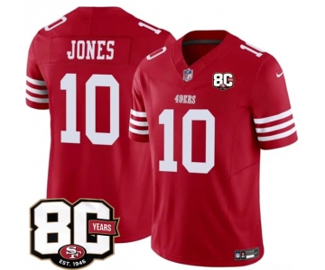 Men's San Francisco 49ers #10 Mac Jones Red 80th Anniversary Patch 2026 F.U.S.E. Vapor Untouchable Limited Football Stitched Jersey