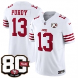 Men's San Francisco 49ers #13 Brock Purdy White 80th Anniversary Patch 2026 F.U.S.E. Vapor Untouchable Limited Football Stitched Jersey Men's San Francisco 49ers #13 Brock Purdy White 80th Anniversary Patch 2026 F.U.S.E. Vapor Untouchable Limited Football Stitched Jersey