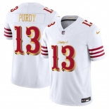 Men's San Francisco 49ers #13 Brock Purdy White Gold 2025 F.U.S.E. “Rivalries” Vapor Limited Football Stitched Jersey Men's San Francisco 49ers #13 Brock Purdy White Gold 2025 F.U.S.E. “Rivalries” Vapor Limited Football Stitched Jersey