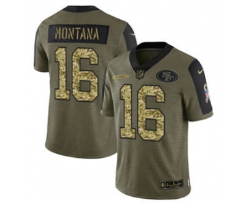 Men's San Francisco 49ers #16 Joe Montana 2021 Olive Camo Salute To Service Limited Stitched Football Jersey