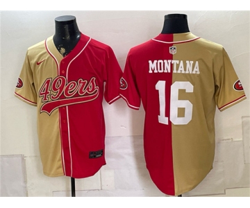 Men's San Francisco 49ers #16 Joe Montana Gold Red Split Stitched Jersey