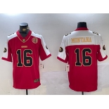 Men's San Francisco 49ers #16 Joe Montana Red Gold FUSE Gate Bridge Patch Vapor Limited Stitched Jersey