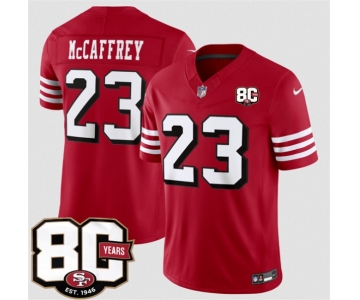 Men's San Francisco 49ers #23 Christian McCaffrey New Red 80th Anniversary Patch 2026 F.U.S.E. Vapor Untouchabl Limited Football Stitched Jersey
