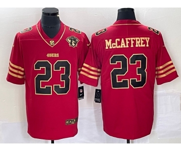 Men's San Francisco 49ers #23 Christian McCaffrey Red 75th Patch Golden Edition Stitched Nike Limited Jersey