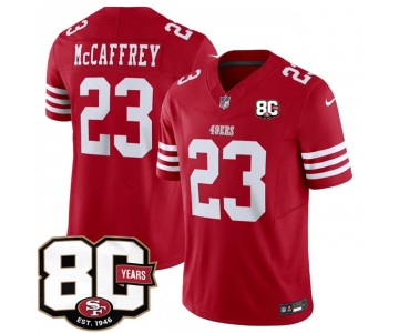 Men's San Francisco 49ers #23 Christian McCaffrey Red 80th Anniversary Patch 2026 F.U.S.E. Vapor Untouchable Limited Football Stitched Jersey