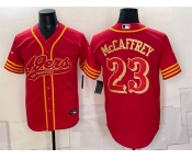 Men's San Francisco 49ers #23 Christian McCaffrey Red Gold Cool Base Stitched Baseball Jersey1 Men's San Francisco 49ers #23 Christian McCaffrey Red Gold Cool Base Stitched Baseball Jersey1