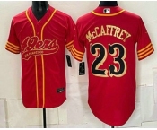 Men's San Francisco 49ers #23 Christian McCaffrey Red Gold Cool Base Stitched Baseball Jersey Men's San Francisco 49ers #23 Christian McCaffrey Red Gold Cool Base Stitched Baseball Jersey
