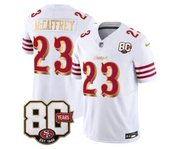Men's San Francisco 49ers #23 Christian McCaffrey White Gold 80th Anniversary Patch “Rivalries” 2026 F.U.S.E. Vapor Untouchable Limited Football Stitched J