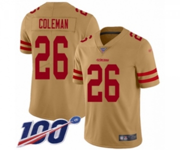 Men's San Francisco 49ers #26 Tevin Coleman Limited Gold Inverted Legend 100th Season Football Jersey