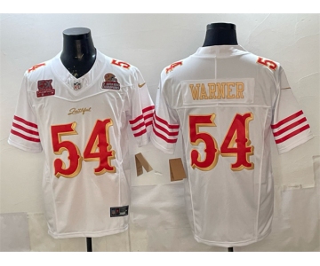 Men's San Francisco 49ers #54 Fred Warner White Gold 2025 F.U.S.E. “Rivalries” 5x Super Bowl Champions Patch Vapor Limited Stitched Football Jersey