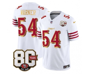 Men's San Francisco 49ers #54 Fred Warner White Gold 80th Anniversary Patch “Rivalries” 2026 F.U.S.E. Vapor Untouchable Limited Football Stitched Jersey