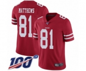 Men's San Francisco 49ers #81 Jordan Matthews Red Team Color Vapor Untouchable Limited Player 100th Season Football Jersey Men's San Francisco 49ers #81 Jordan Matthews Red Team Color Vapor Untouchable Limited Player 100th Season Football Jersey