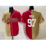 Men's San Francisco 49ers #97 Nick Bosa Gold Red Split Stitched Jersey Men's San Francisco 49ers #97 Nick Bosa Gold Red Split Stitched Jersey