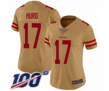 Women's San Francisco 49ers #17 Jalen Hurd Limited Gold Inverted Legend 100th Season Football Jersey