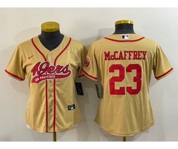Women's San Francisco 49ers #23 Christian McCaffrey Gold With Patch Cool Base Stitched Baseball Jersey