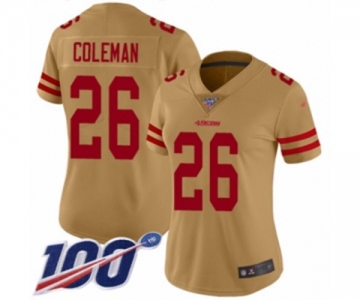 Women's San Francisco 49ers #26 Tevin Coleman Limited Gold Inverted Legend 100th Season Football Jersey