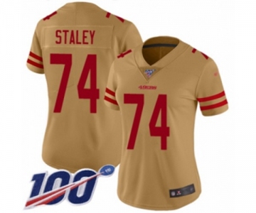 Women's San Francisco 49ers #74 Joe Staley Limited Gold Inverted Legend 100th Season Football Jersey