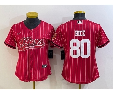 Women's San Francisco 49ers #80 Jerry Rice Red Pinstripe With Patch Cool Base Stitched Baseball Jersey